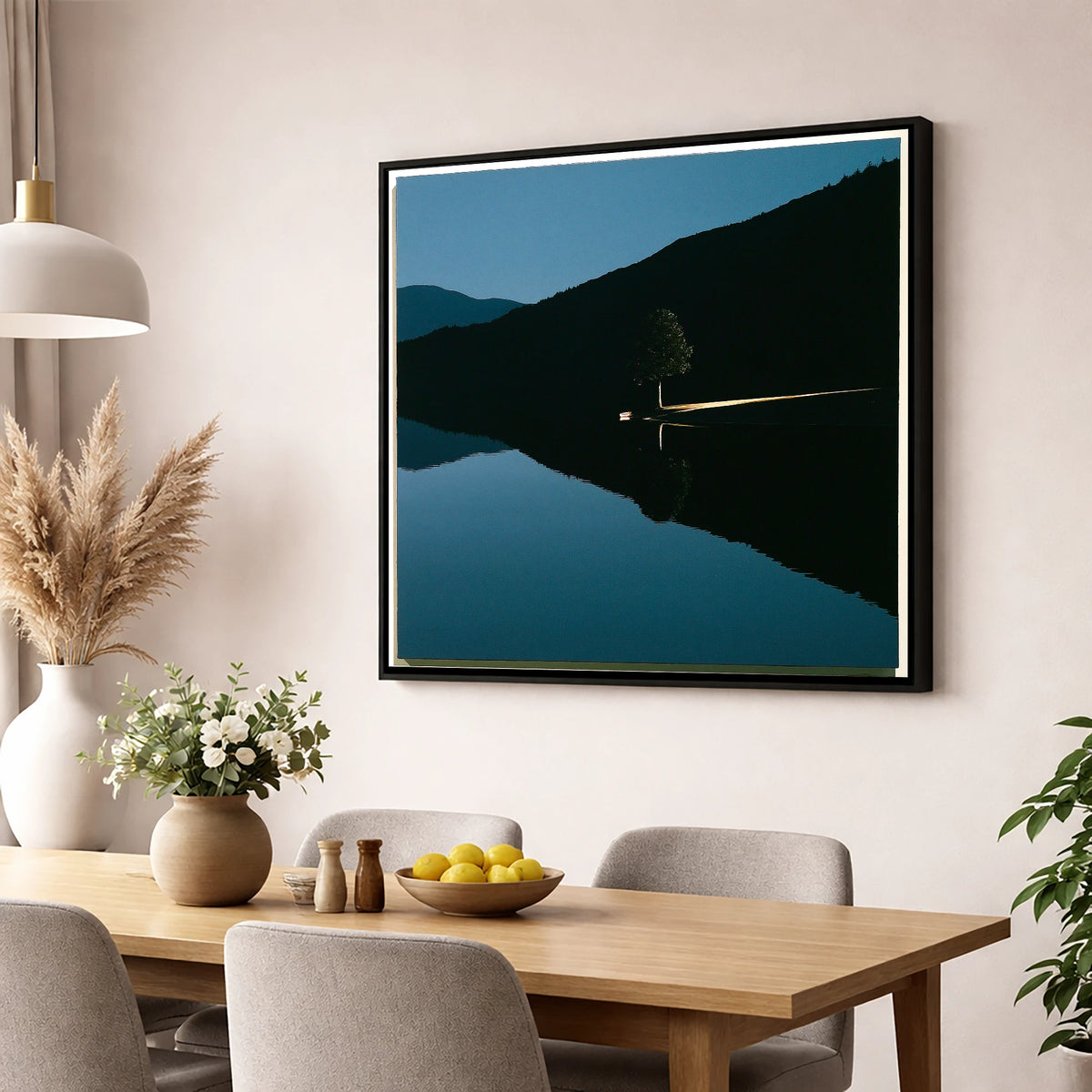 Illuminated Shore on Calm Lake lake district lake wall art displayed in a dining room