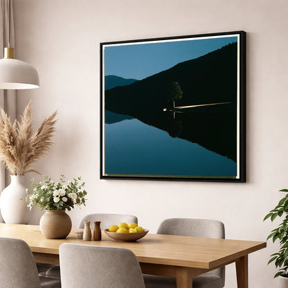 Illuminated Shore on Calm Lake lake district lake wall art displayed in a dining room