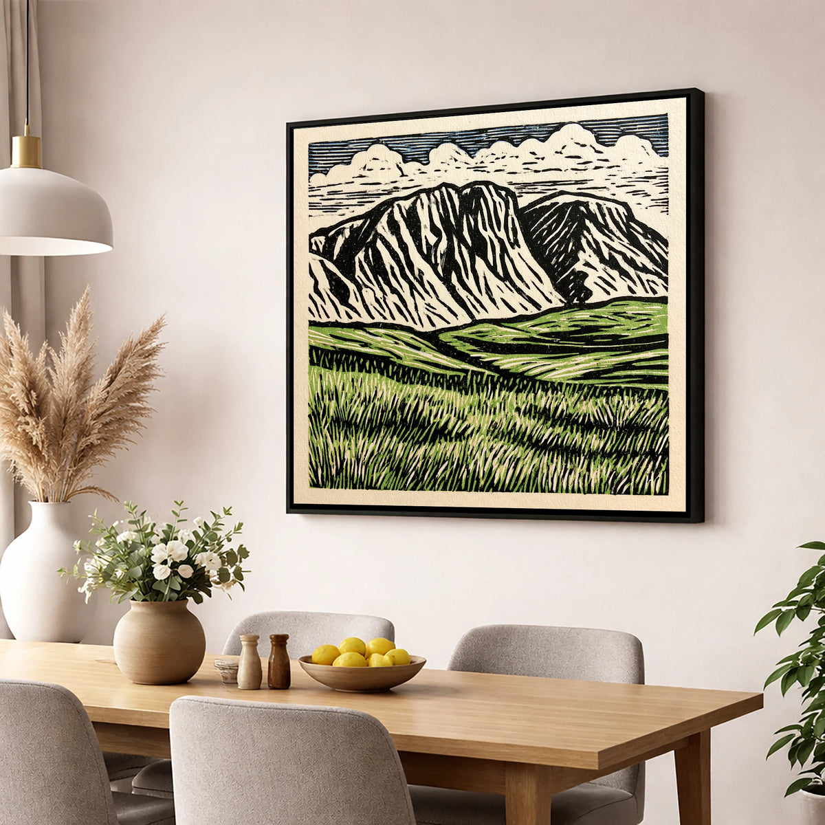 Bold Scafell Pike Landscape lake district fell wall art displayed in a dining room