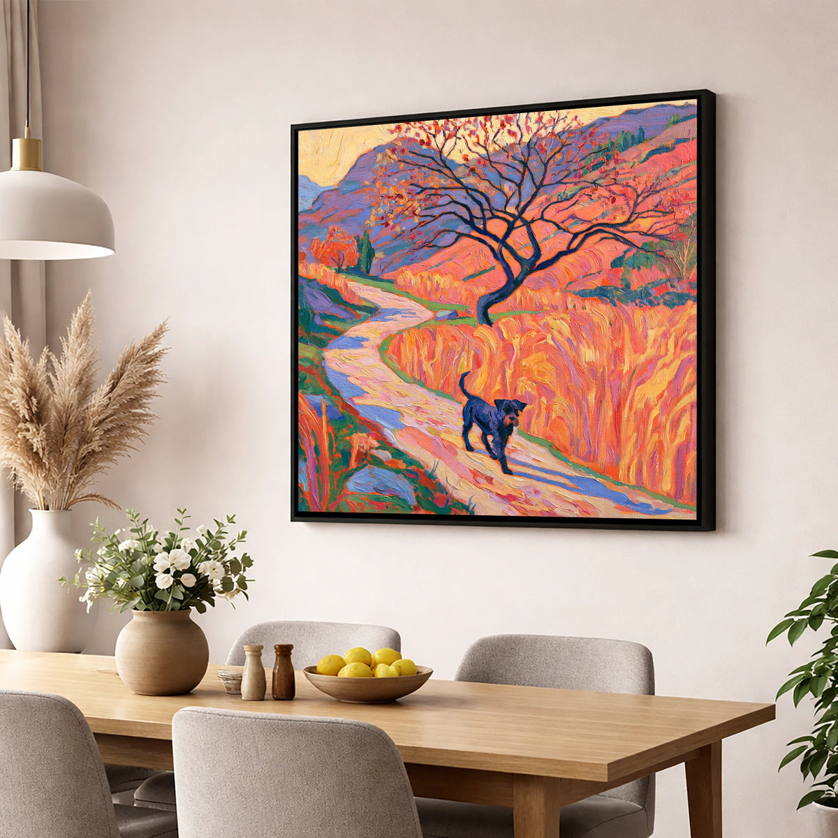 Colourful Patterdale Dog Walk gifts for dog walkers wall art displayed in a dining room