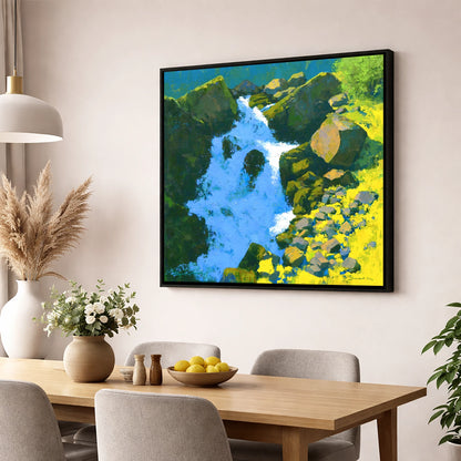 Vibrant Ghyll Waterfall and Sunlit Rocks lake district waterfall wall art displayed in a dining room