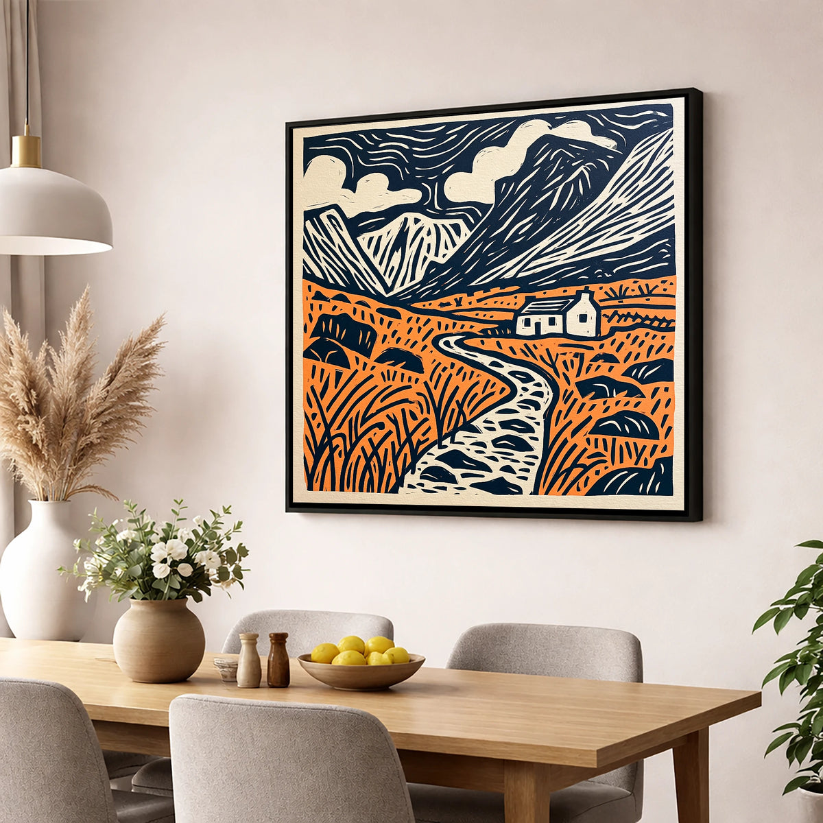Eskdale Cottage and Navy Fells lake district valley wall art displayed in a dining room