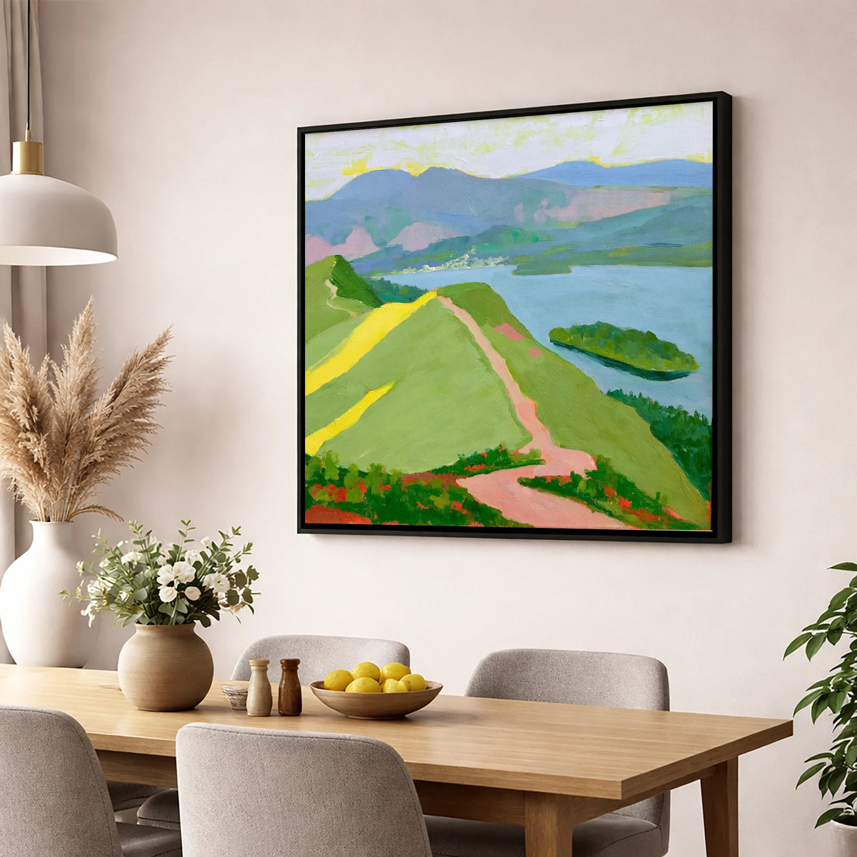 Vivid Derwentwater from Cat Bells lake district fell wall art displayed in a dining room