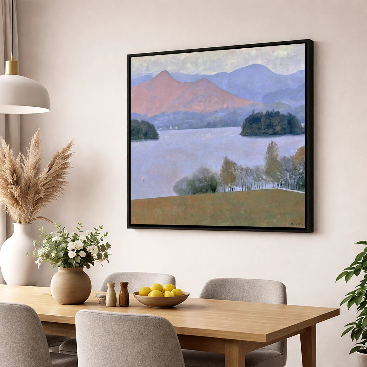 Derwentwater Dusk from Crow Park lake district village wall art displayed in a dining room