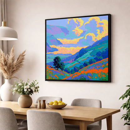Vibrant Morning Valley Mist lake district sky wall art displayed in a dining room