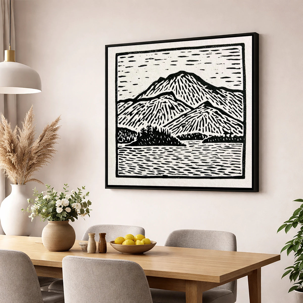 Graphic Monochrome Catbells Ridge lake district fell wall art displayed in a dining room