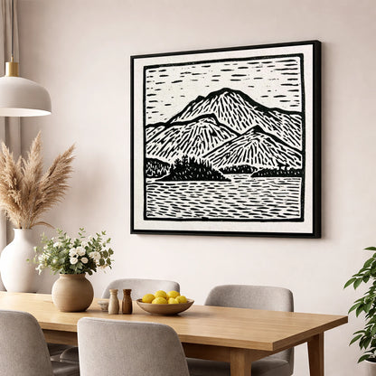 Graphic Monochrome Catbells Ridge lake district fell wall art displayed in a dining room