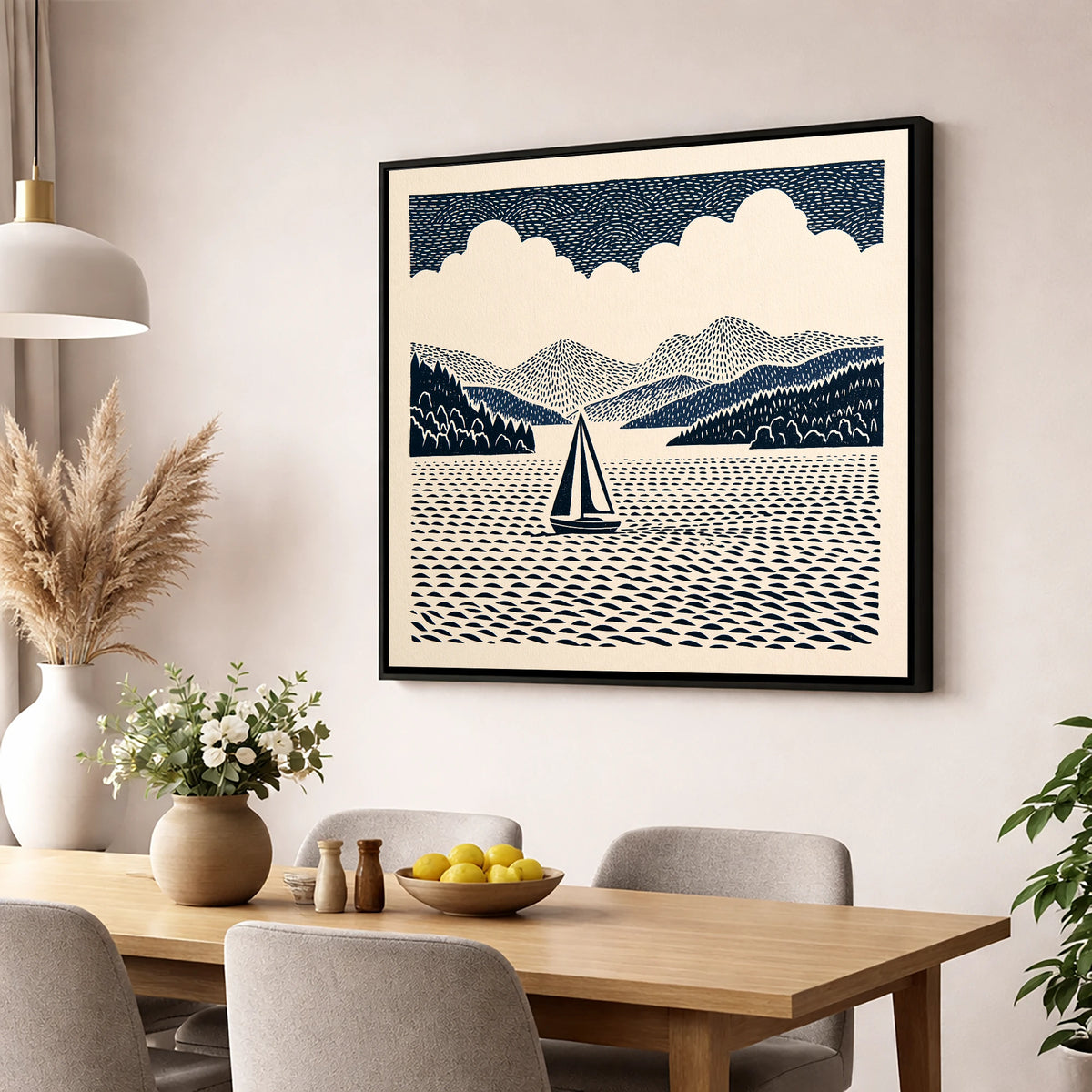 Windermere Sailboat in Deep Navy lake district lake wall art displayed in a dining room