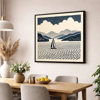 Windermere Sailboat in Deep Navy lake district lake wall art displayed in a dining room