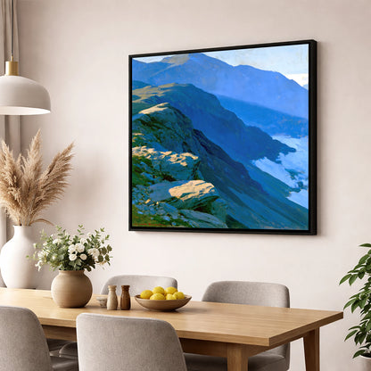 Blue Shadows on Misty Ridge lake district fell wall art displayed in a dining room