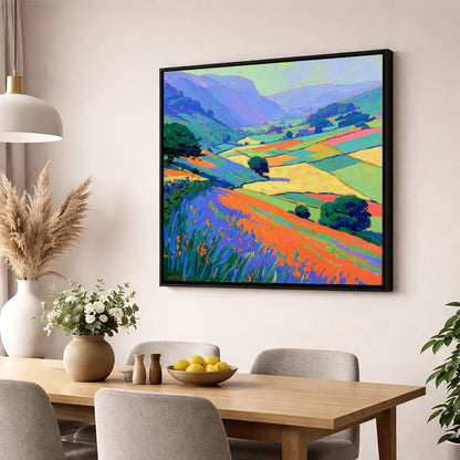 Colourful Patchwork Dale Fields lake district valley wall art displayed in a dining room