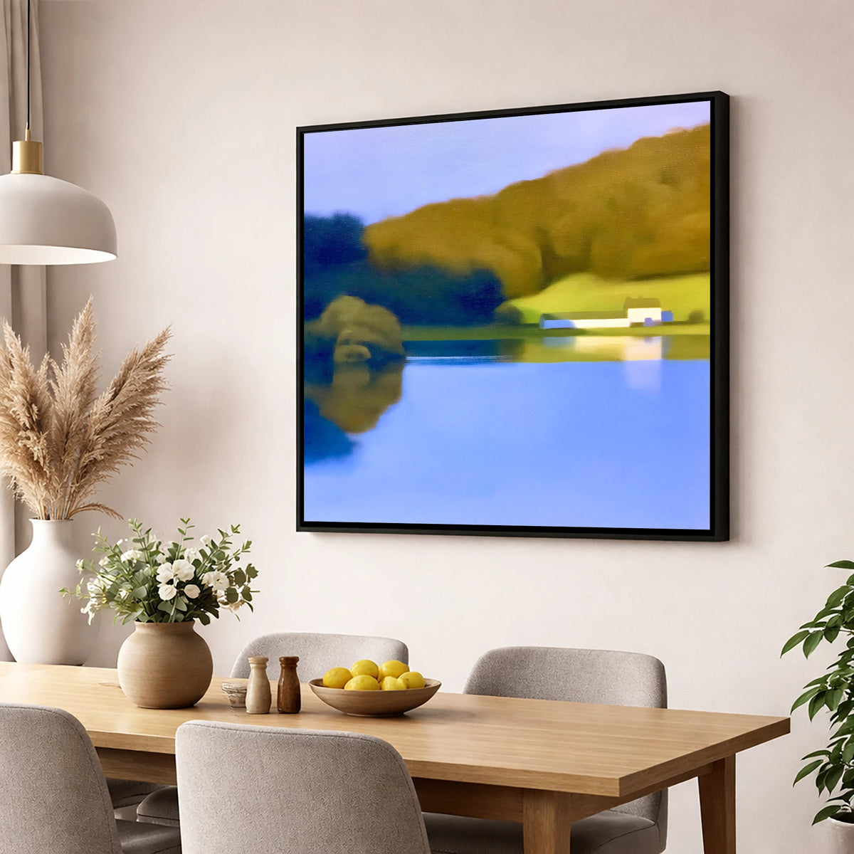 Mirrored Islet on Coniston Water lake district lake wall art displayed in a dining room