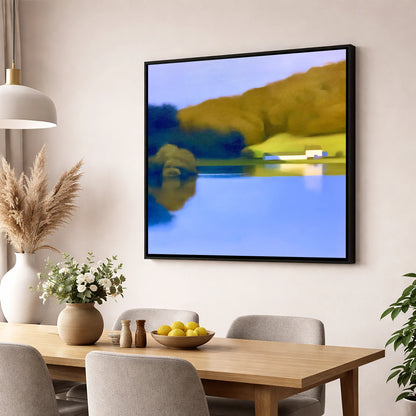 Mirrored Islet on Coniston Water lake district lake wall art displayed in a dining room