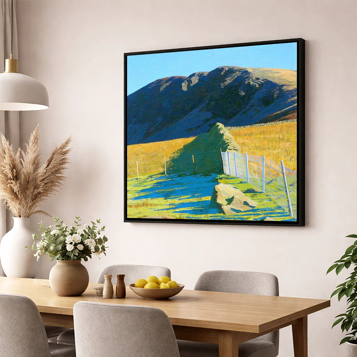 Shipman Knotts Frosty Morning Light lake district fell wall art displayed in a dining room