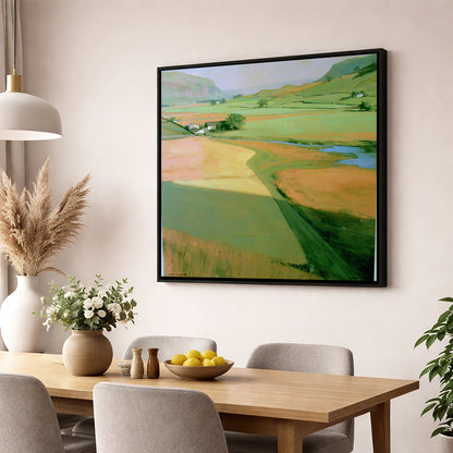 Green Valley Beneath The Fells lake district valley wall art displayed in a dining room