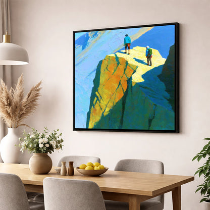 Mountaineers on Sunlit High Crags lake district walking wall art displayed in a dining room
