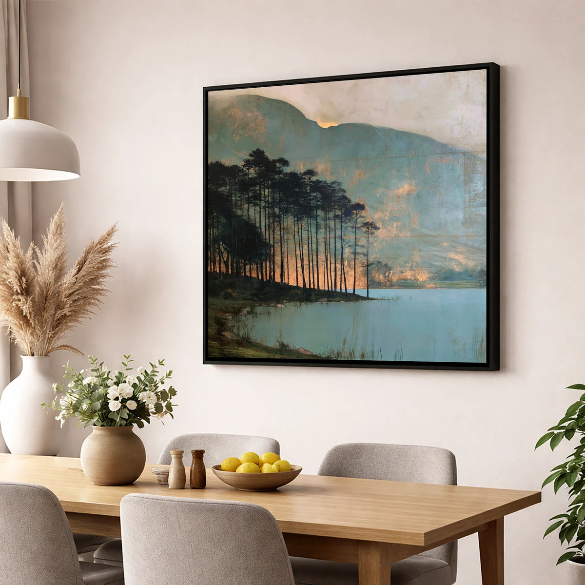 Buttermere Pines in Golden Light lake district lake wall art displayed in a dining room