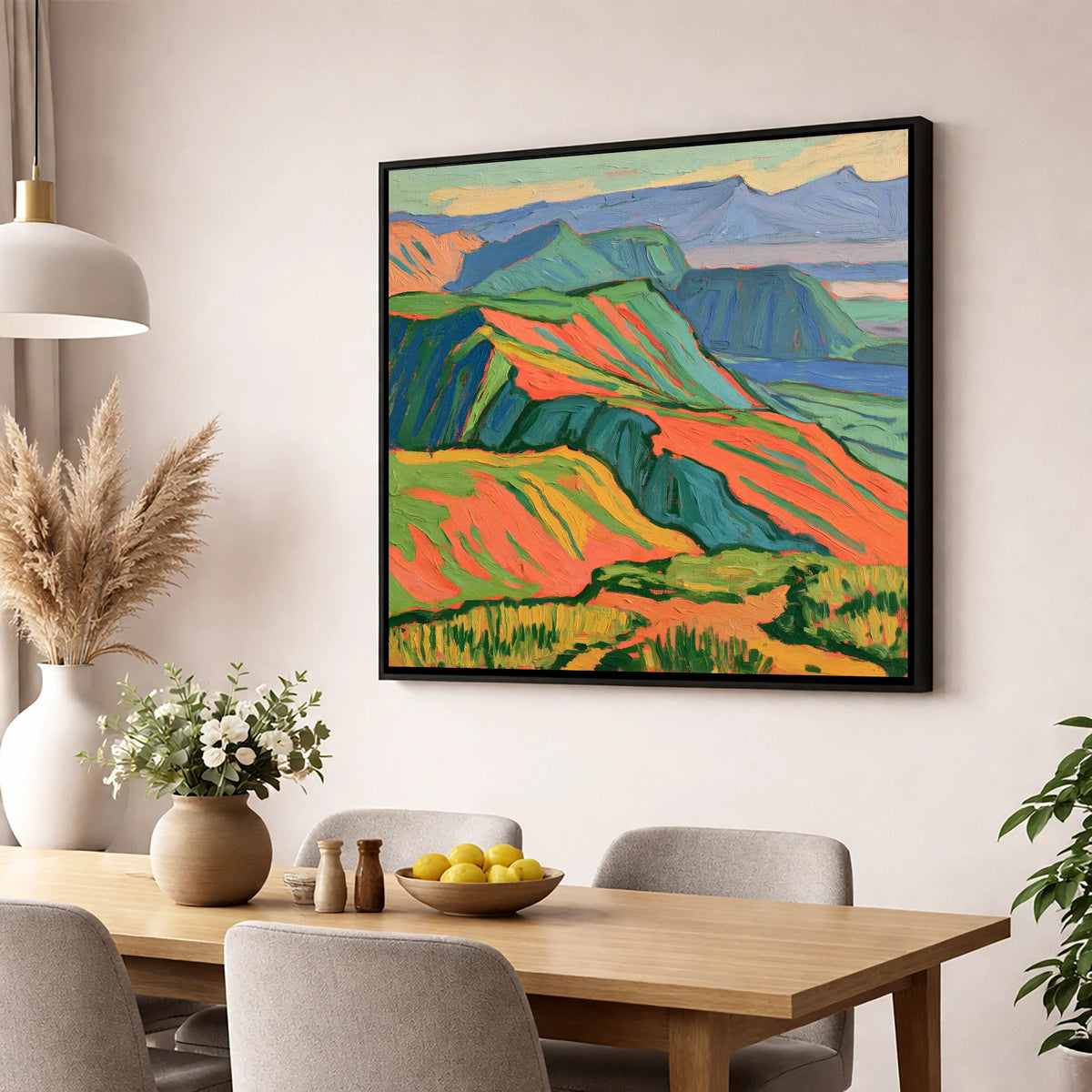Vibrant Fells Summit View lake district fell wall art displayed in a dining room
