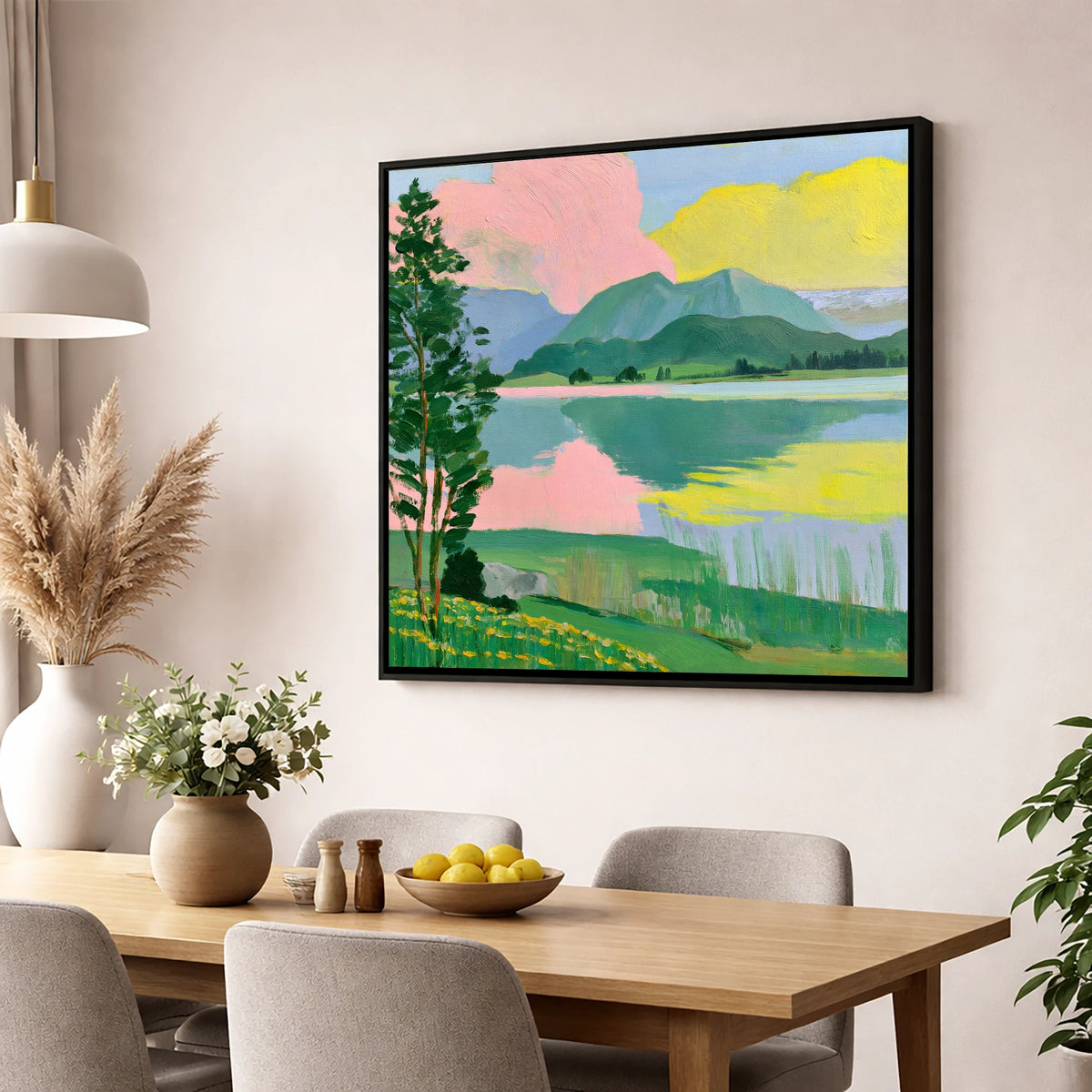 Vibrant Lake With Pink Clouds lake district lake wall art displayed in a dining room