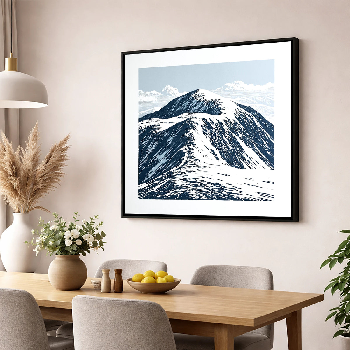 Graphic Snow on Helvellyn Ridge lake district fell wall art displayed in a dining room