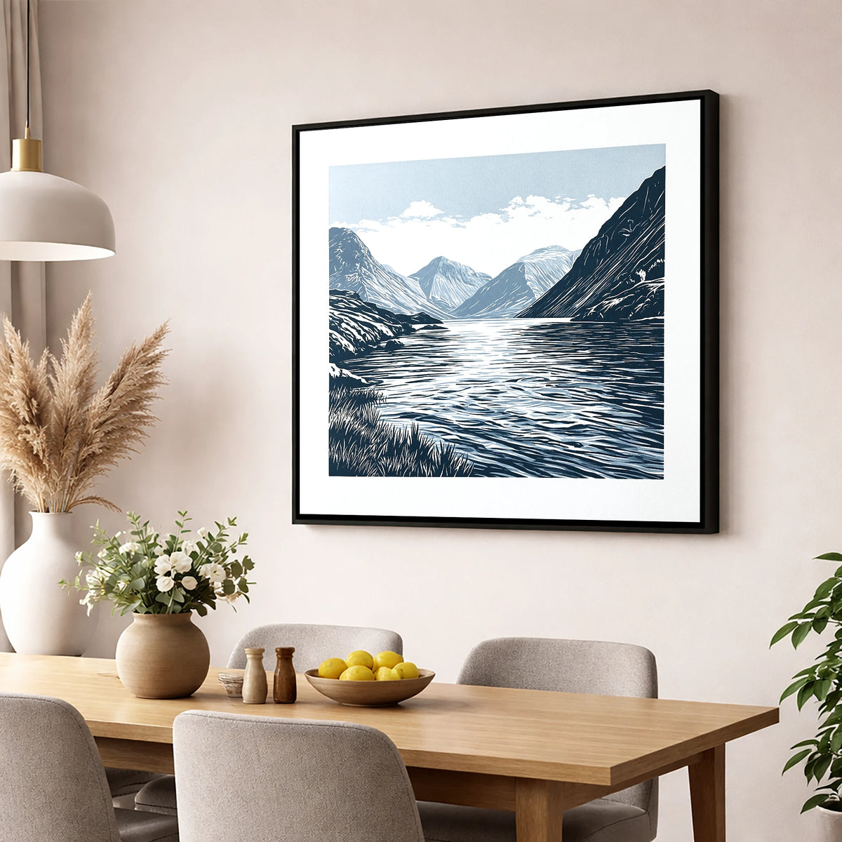 Wasdale Fells In Deep Navy lake district valley wall art displayed in a dining room