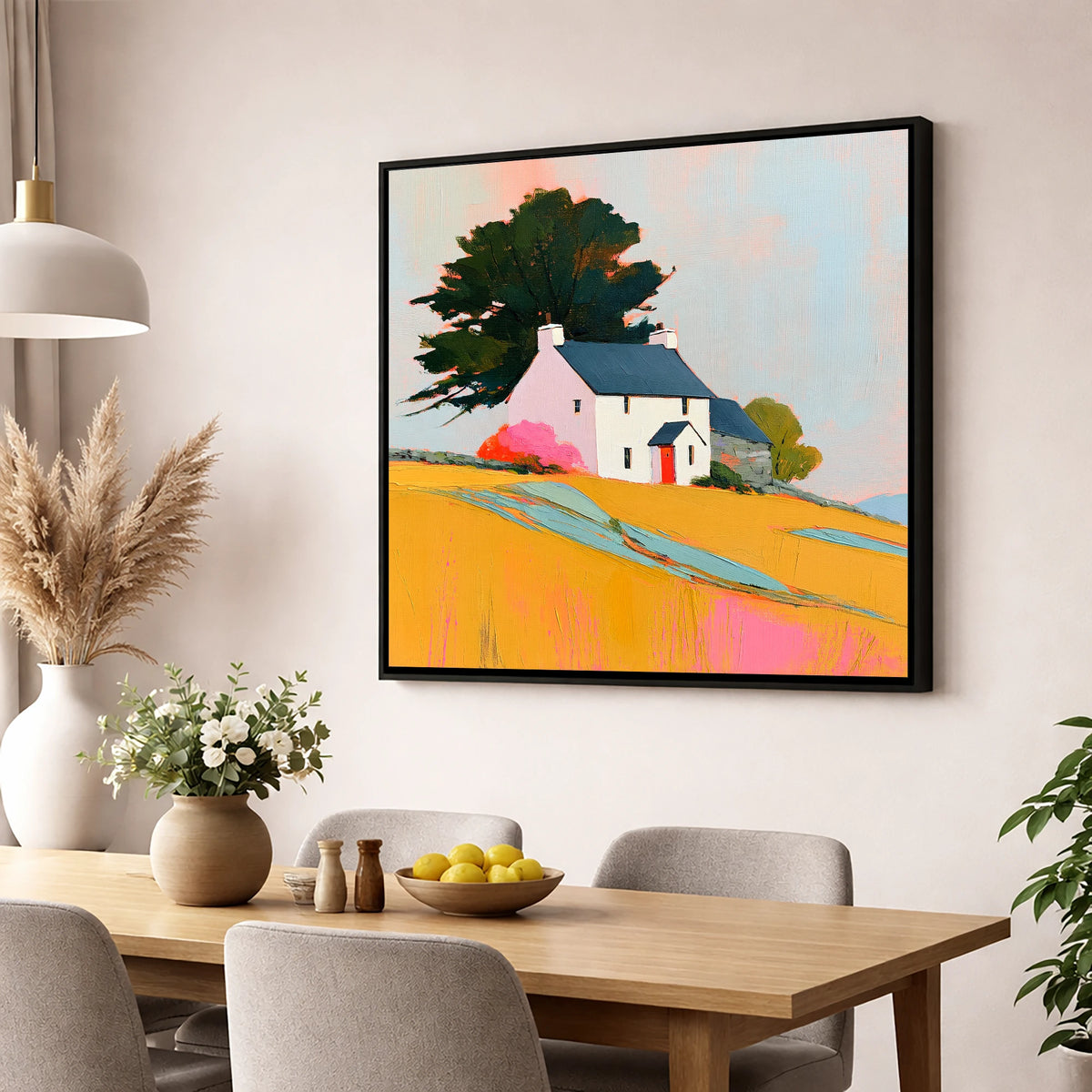 White Stone Cottage in Golden Fields lake district village wall art displayed in a dining room