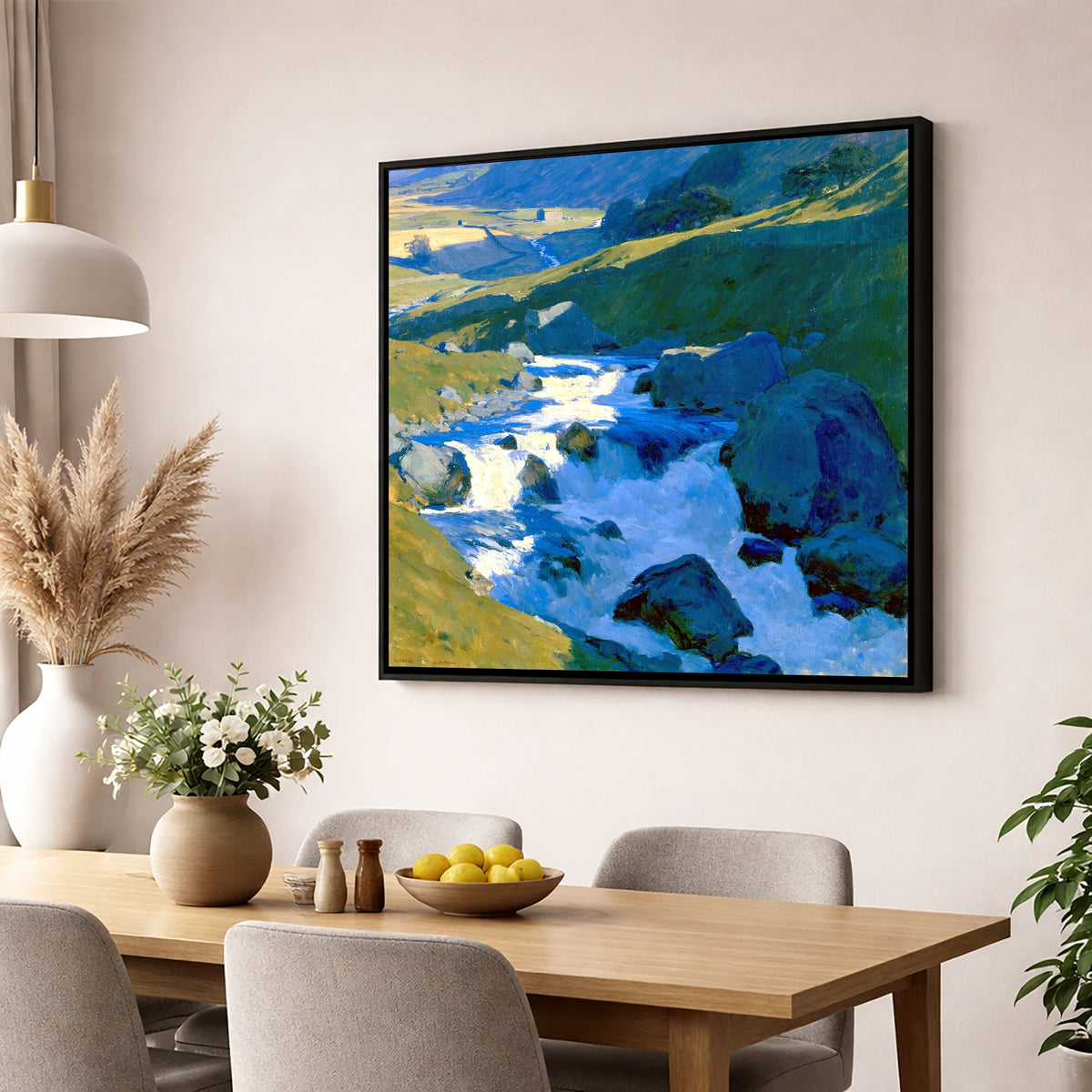 Sunlit Rushing Fellside Beck lake district waterfall wall art displayed in a dining room