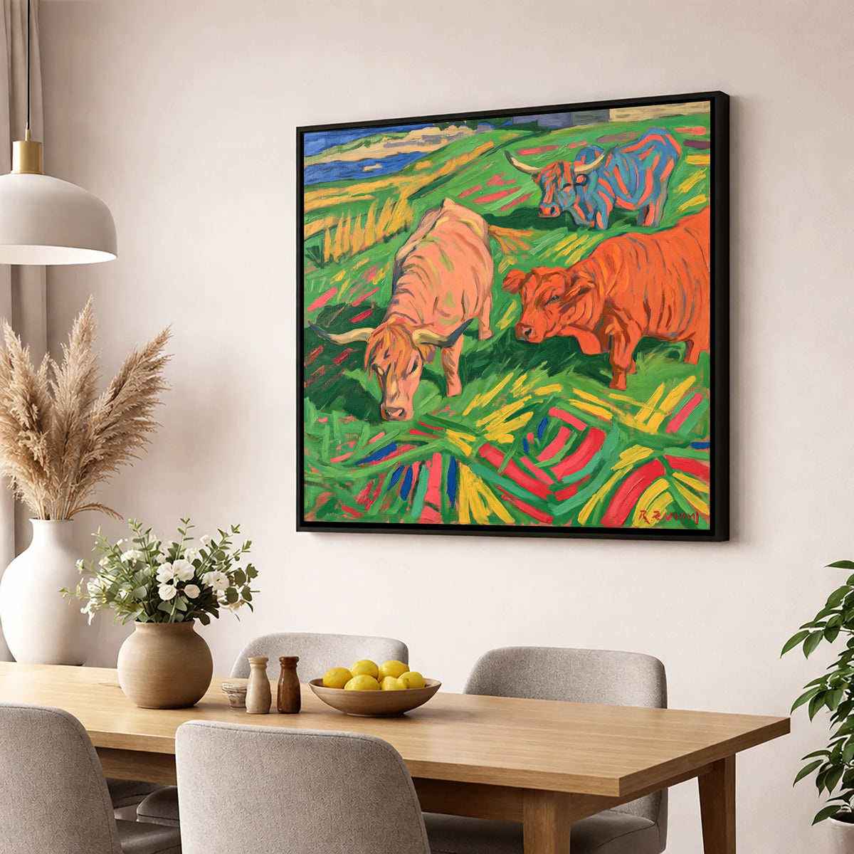 Vibrant Highland Cattle Grazing lake district wildlife wall art displayed in a dining room