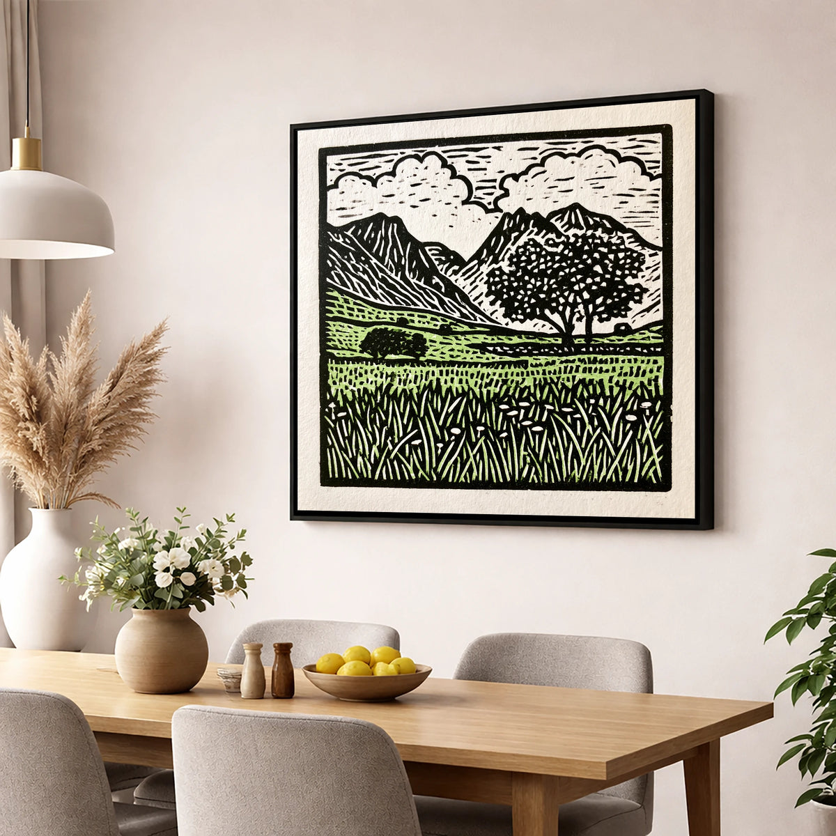 Langdale Pikes Spring Meadow lake district fell wall art displayed in a dining room