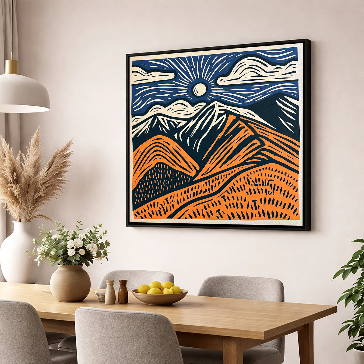 Blencathra in Terracotta and Navy lake district fell wall art displayed in a dining room