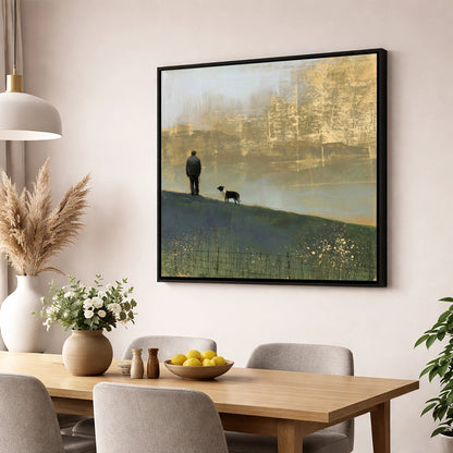 Shepherd and Dog in Golden Mist lake district wildlife wall art displayed in a dining room