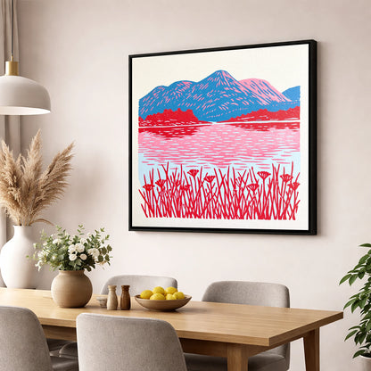 Vibrant Lake And Cobalt Fells lake district lake wall art displayed in a dining room