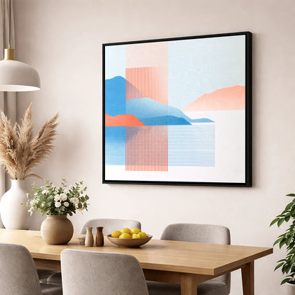Derwentwater Fells Coral and Blue lake district lake wall art displayed in a dining room