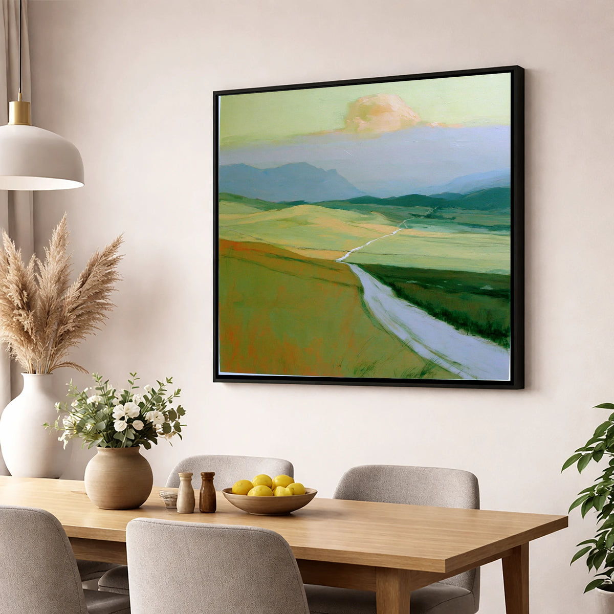 Winding Path Through Rolling Fells lake district fell wall art displayed in a dining room