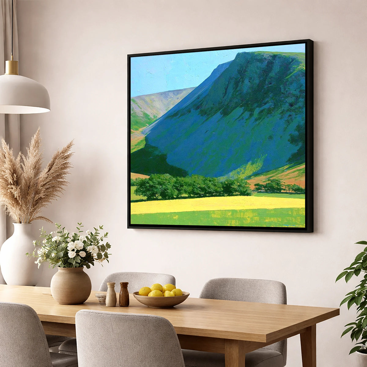Vibrant Fields Below Great Borne lake district fell wall art displayed in a dining room