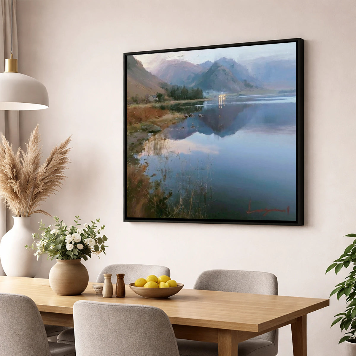 Loweswater Lake in Misty Light lake district lake wall art displayed in a dining room
