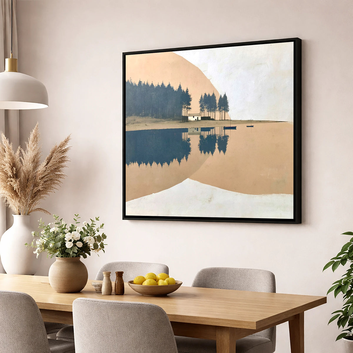 Slate Blue Lake Reflections lake district lake wall art displayed in a dining room