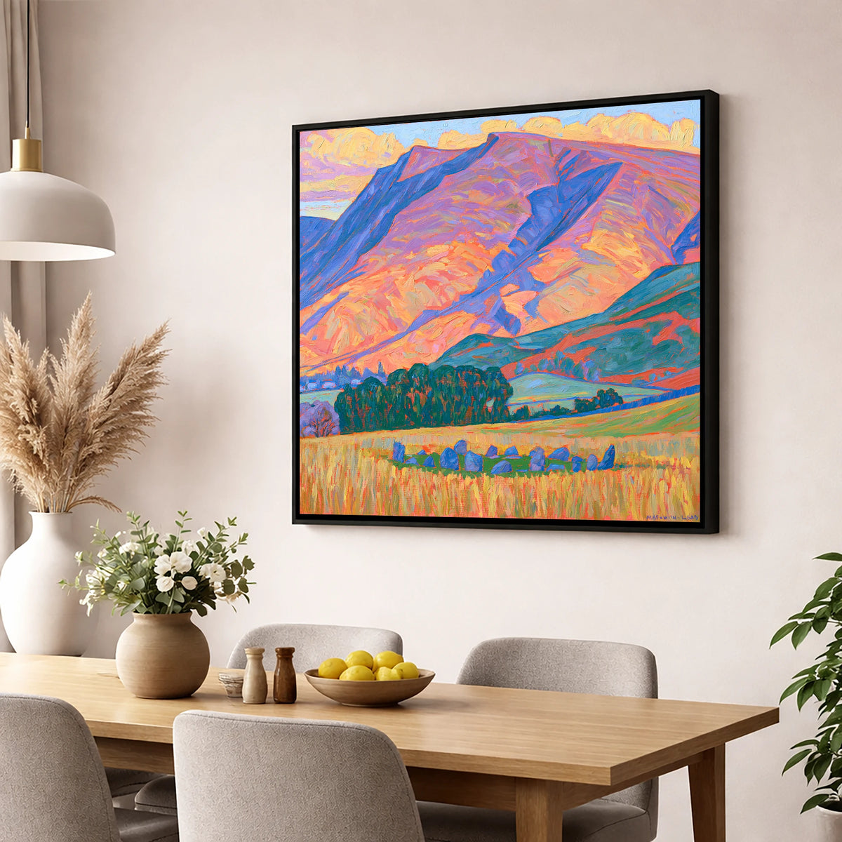 Vibrant Blencathra and Standing Stones lake district fell wall art displayed in a dining room