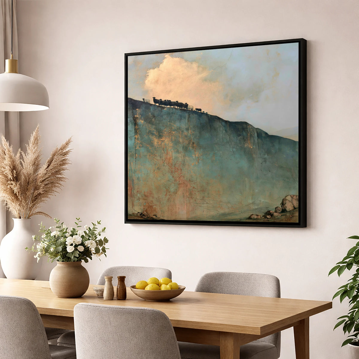 Herdwicks on a Fell Skyline lake district wildlife wall art displayed in a dining room