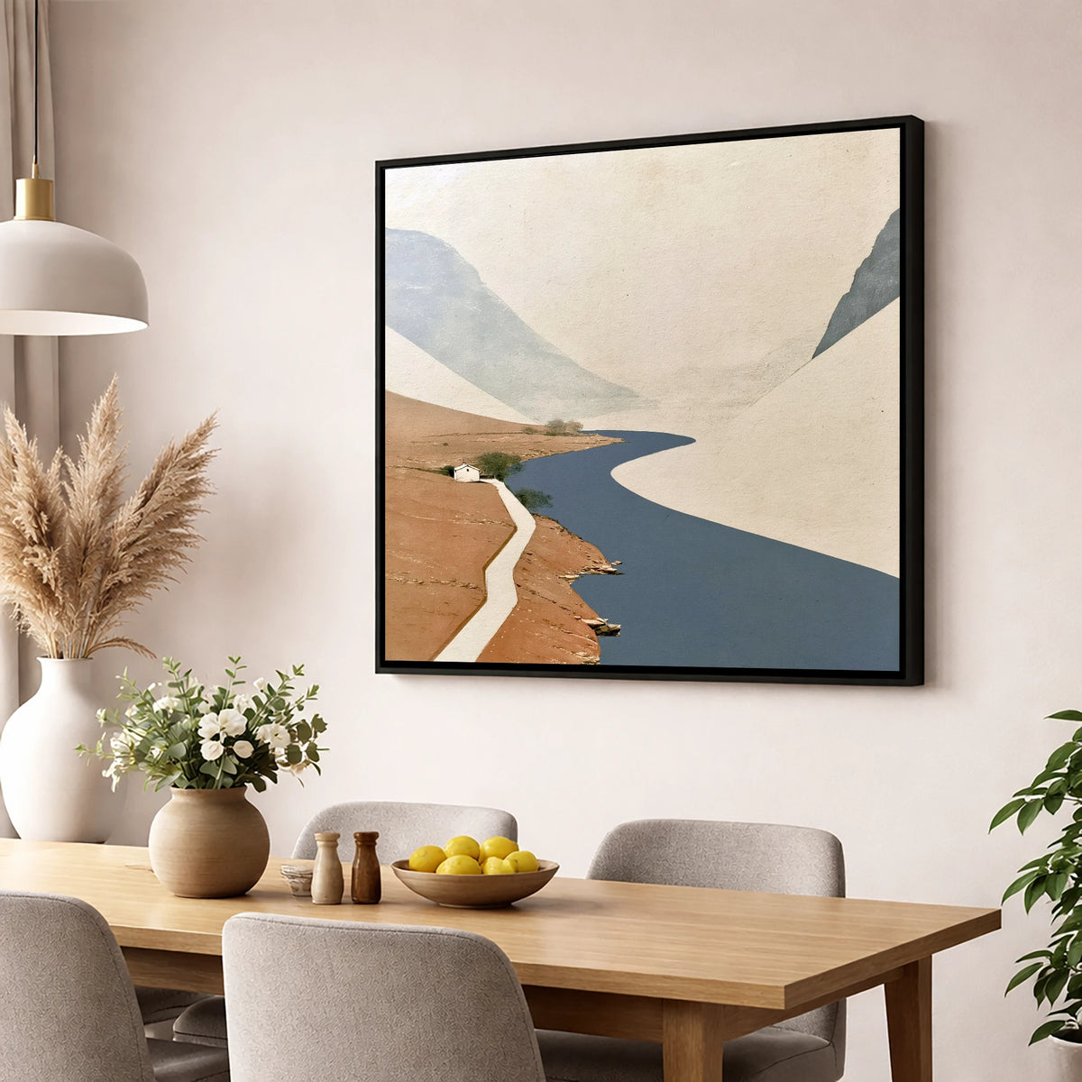 Winding Blue Lake and White Cottage lake district lake wall art displayed in a dining room