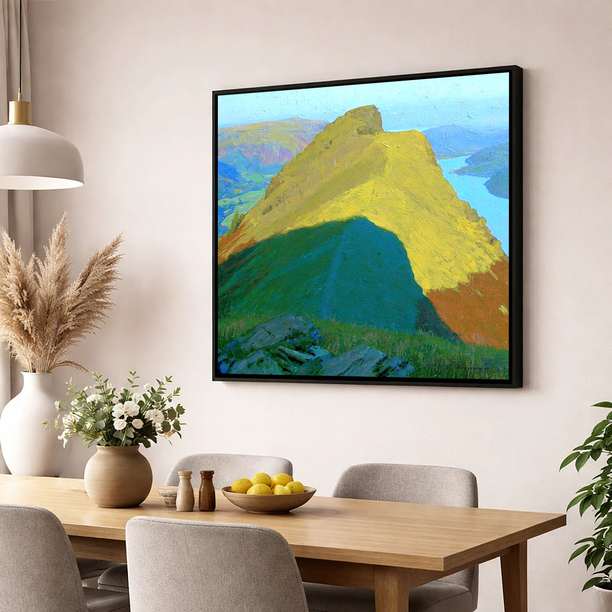 Sunlit Helm Crag Summit Ridge lake district fell wall art displayed in a dining room