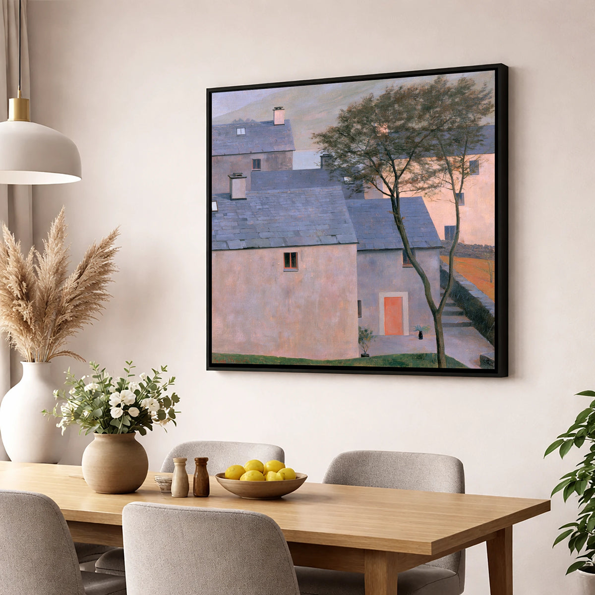 Pastel Light on Slate Cottages lake district village wall art displayed in a dining room