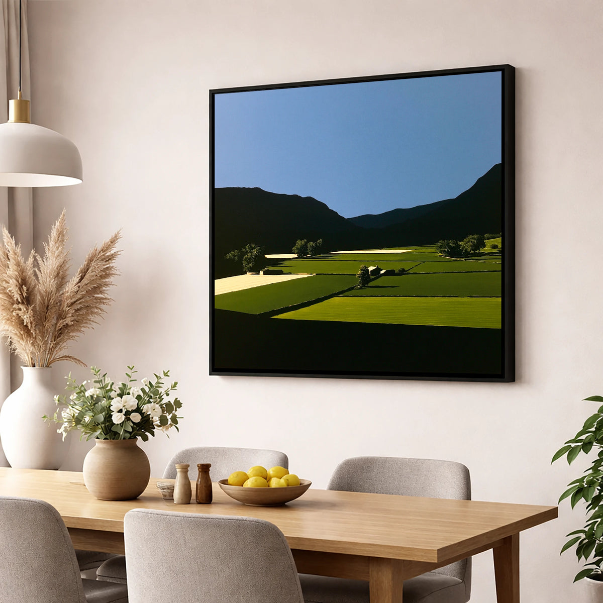 Sunlit Patchwork Fields in a Dale lake district valley wall art displayed in a dining room