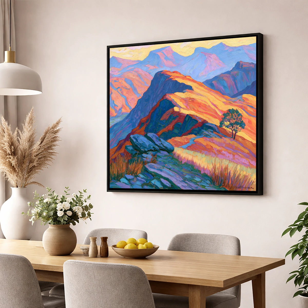 Vibrant Sunlit Mountain Ridge lake district fell wall art displayed in a dining room