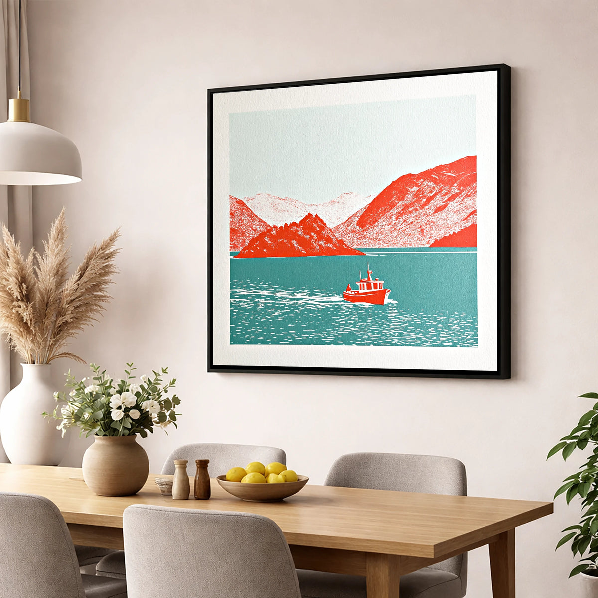 Red Boat on Teal Derwentwater lake district lake wall art displayed in a dining room