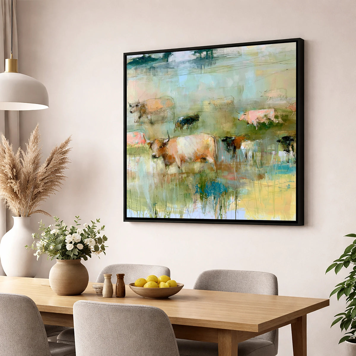 Highland Cattle in Pastel Washes lake district wildlife wall art displayed in a dining room