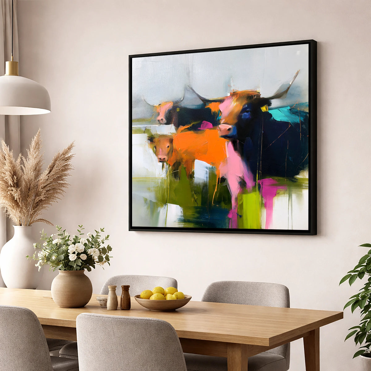 Abstract Highland Cattle Grazing lake district wildlife wall art displayed in a dining room