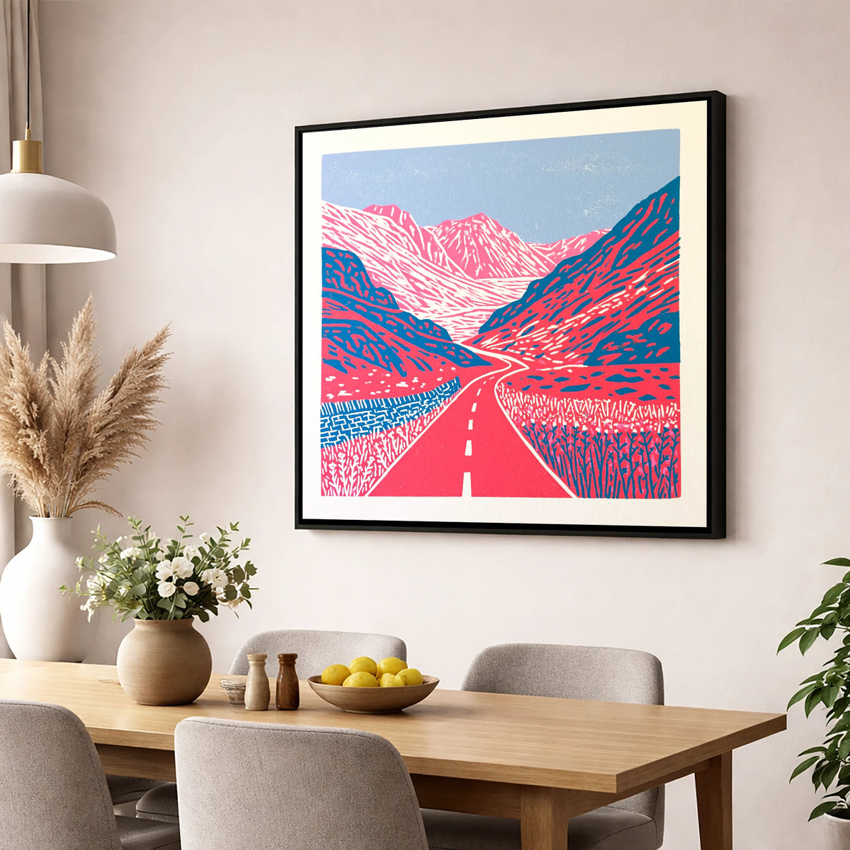 Vibrant Honister Pass Road lake district valley wall art displayed in a dining room