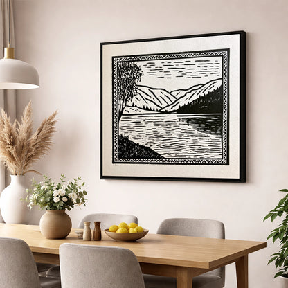Monochrome Lake at Dawn lake district lake wall art displayed in a dining room