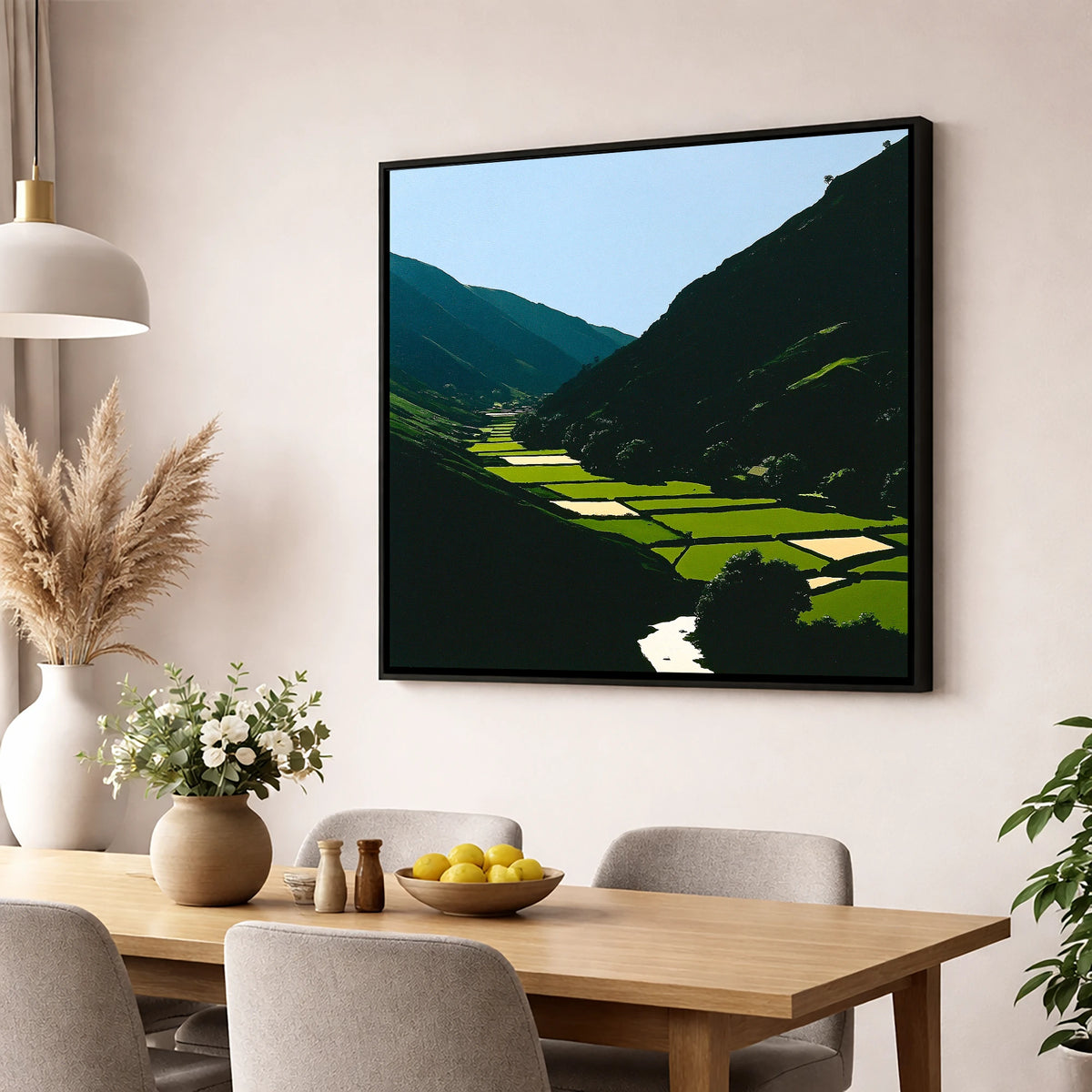 Sunlit Patchwork in the Dale lake district valley wall art displayed in a dining room